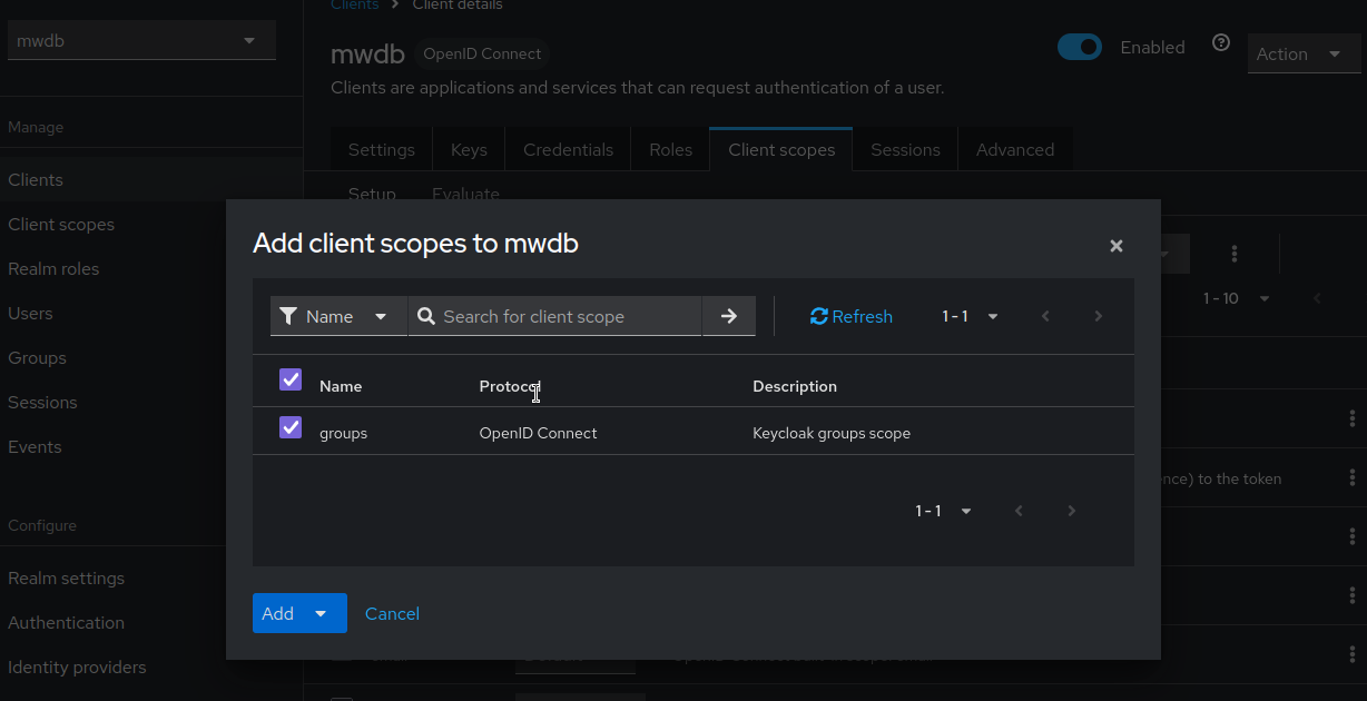 Adding created client scope into client as a default
