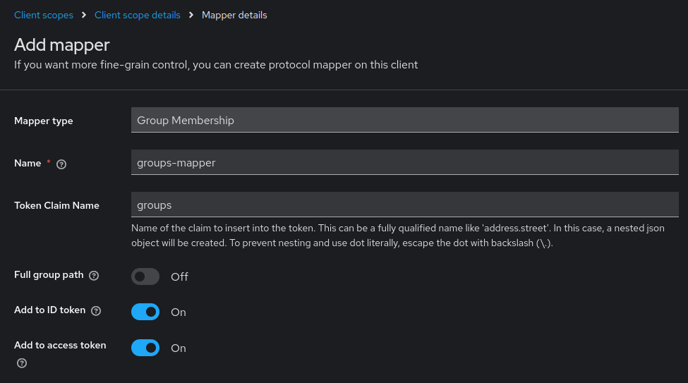 Client scope mapper settings