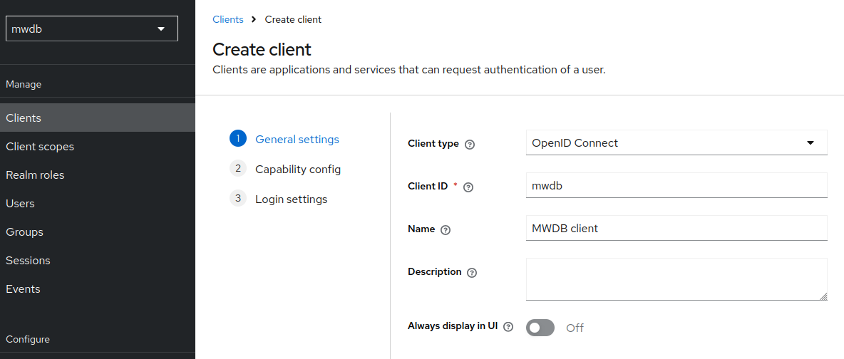 Screenshot for creating client