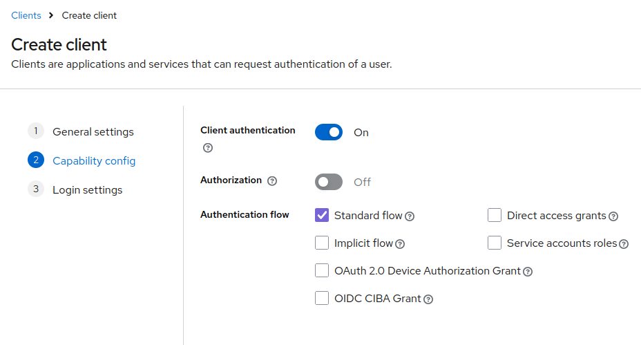 Screenshot for creating client - capability settings